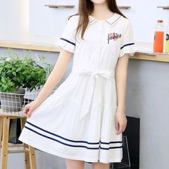 YICON - Embroidered Tie-Waist Short-Sleeve A-Line Dress