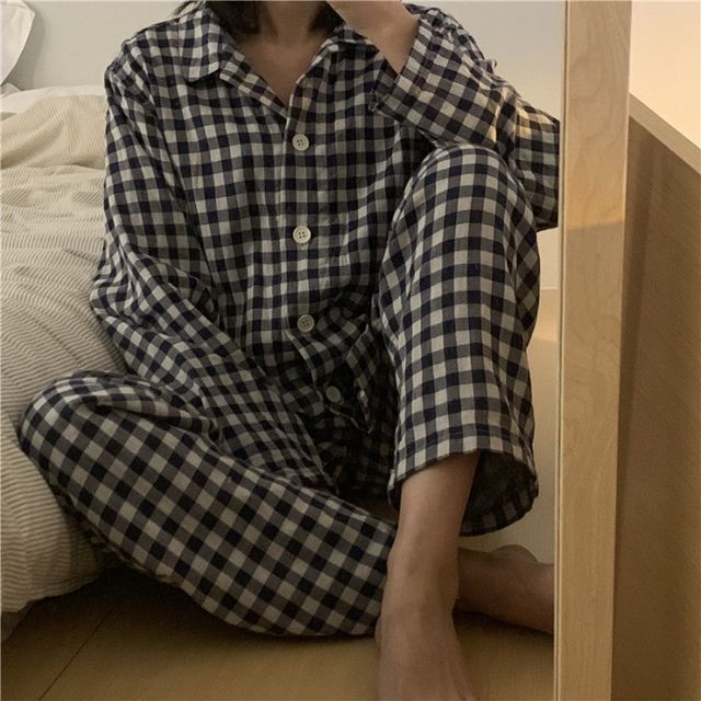 Moon City - Gingham Pajama Set: Pocket-Detail Long-Sleeve Buttoned Top ...