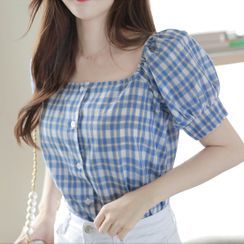 MyFiona - Square-Neck Plaid Blouse MyFiona - Square-Neck Plaid Blouse