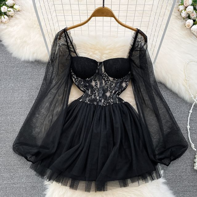 Prieney - Long-Sleeve Lace Mini A-Line Dress | YesStyle