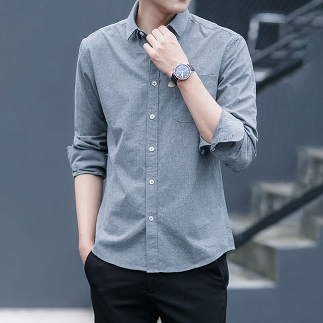 Acrius-Long-Sleeve Collared Plain Shirt
