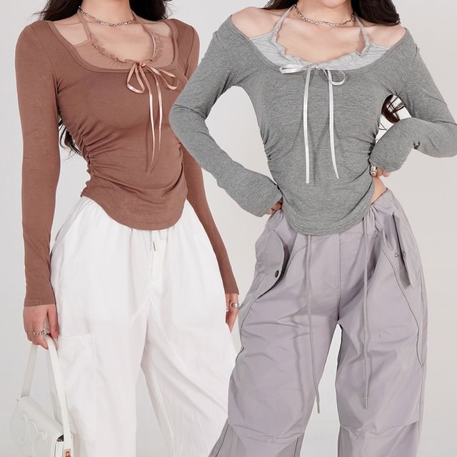 Amyway-Mock Two-Piece Long-Sleeve Halter Neck Top