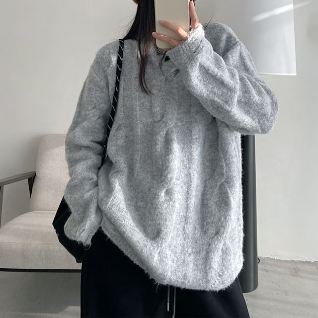 Cossita-Round Neck Plain Cable Knit Oversized Sweater