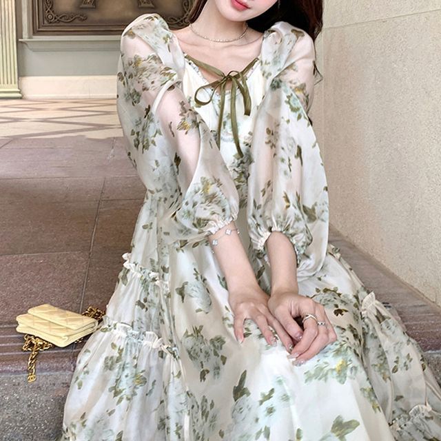 Gourgie - Long-Sleeve Off Shoulder Floral Print Tie Front Midi A-Line Dress  | YesStyle