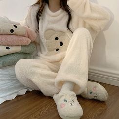 Cerauno - Pajama Set: Long-Sleeve Bear Embroidered Fleece Top + Pants