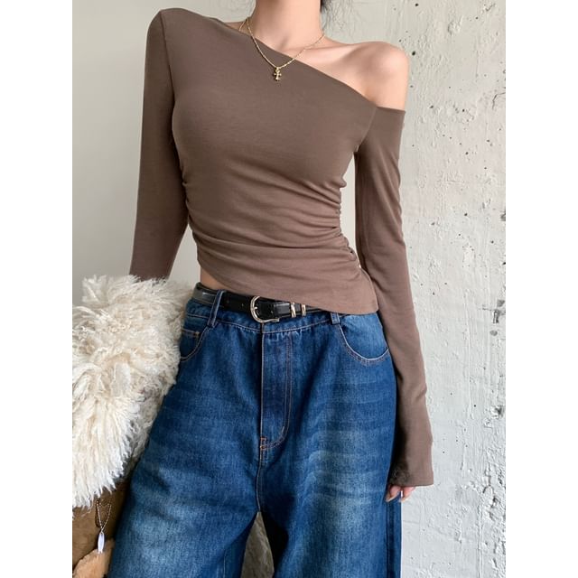 Alfie-Long-Sleeve One-Shoulder Plain Top