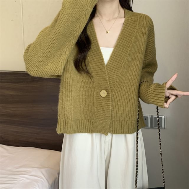 INEN-V-Neck Plain Ribbed Single-Button Cardigan