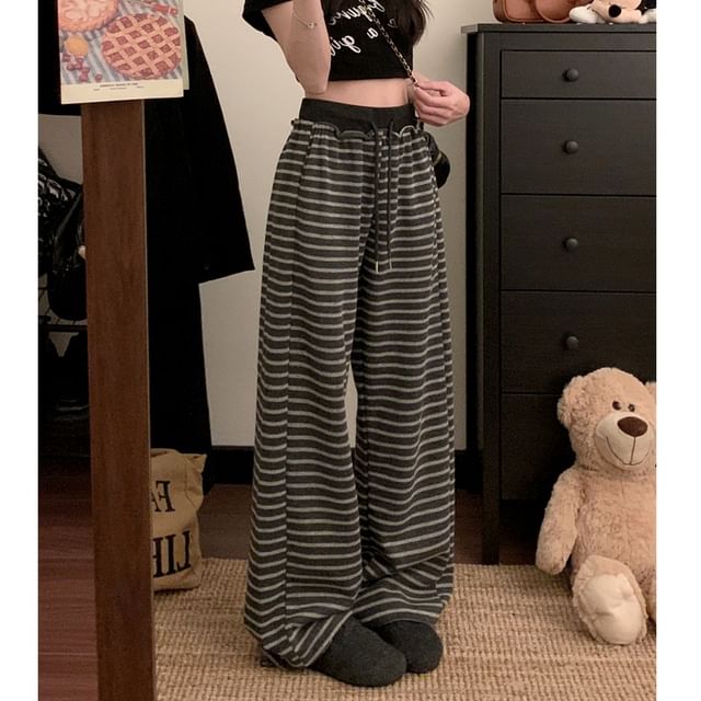 Gilmort-Drawstring Waist Striped Wide Leg Pants