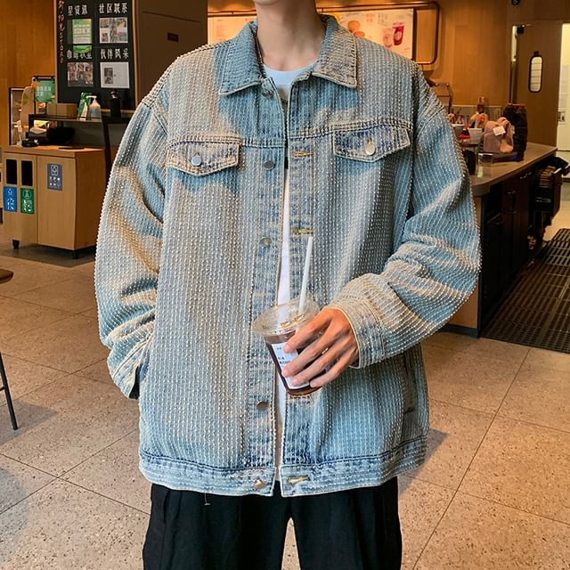 Trimecca-Collared Jacquard Washed Button-Up Denim Jacket