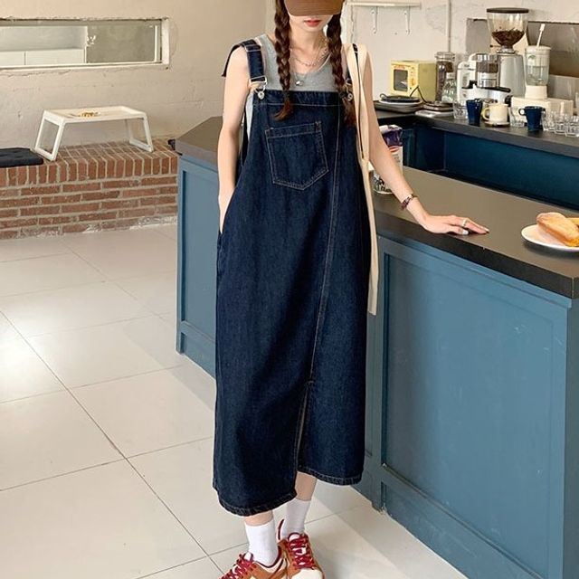 Metonymph - Slit Midi Shift Denim Pinafore Dress | YesStyle