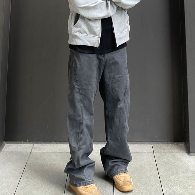Zentrus-Mid Rise Plain Panel Straight Leg Jeans