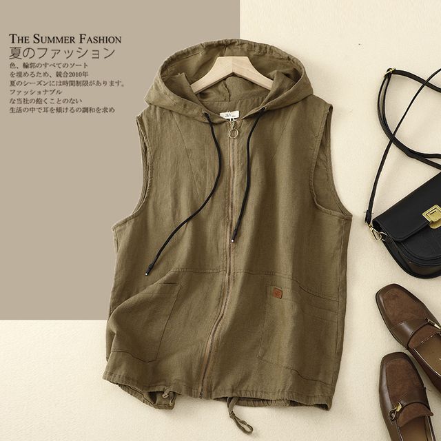 Lewwe-Hooded Plain Zip Vest