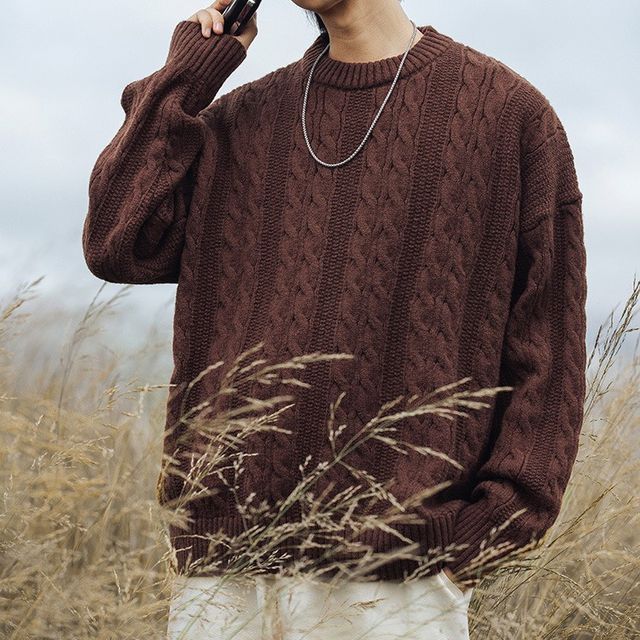 Really Point-Long-Sleeve Crew Neck Plain Cable Knit Sweater