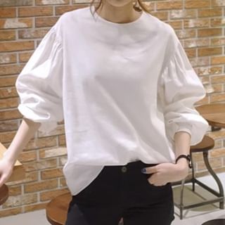 Coline-Puff-Sleeve Crewneck Plain Blouse