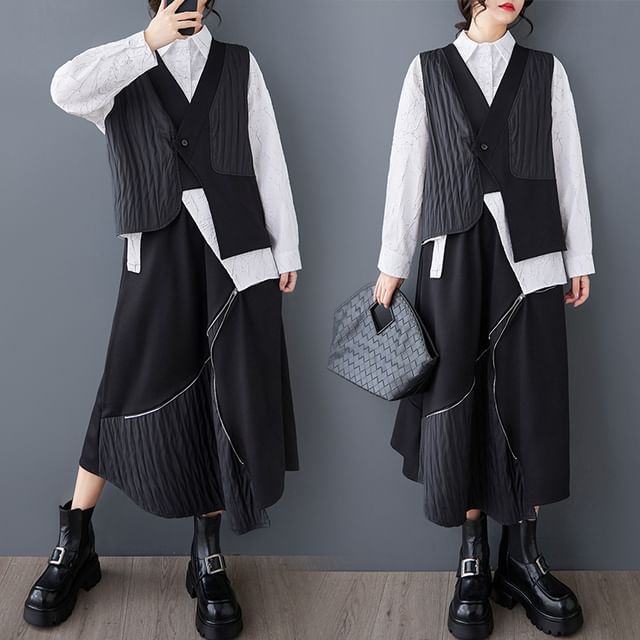 Supernova-V-Neck Plain Asymmetrical One-Buttoned Vest Elastic Waist Zipped Midi A-Line Skirt
