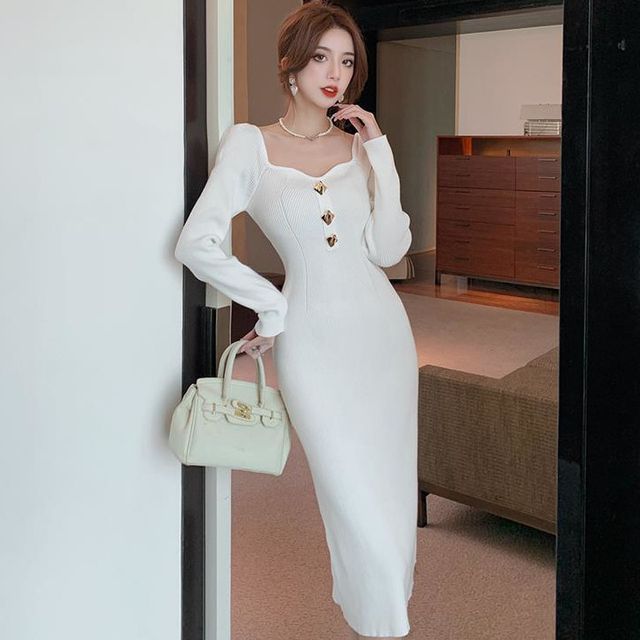 Hulkoplein - Long-Sleeve Sweetheart Neck Plain Button Knit Midi Sheath Dress | YesStyle Hulkoplein - Long-Sleeve Sweetheart Neck Plain Button Knit Midi Sheath Dress | YesStyle