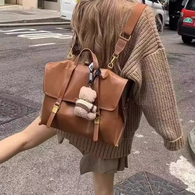Mulgam-Faux Leather Plain Flap Backpack