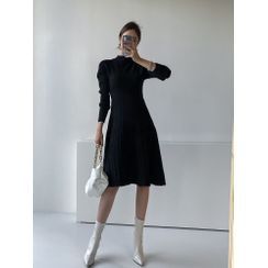 PPGIRL - Mock-Neck Pleated Wool Blend Knit Dress PPGIRL - Mock-Neck Pleated Wool Blend Knit Dress