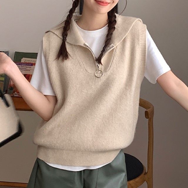 Sailor Collar Plain Half Zip Sweater Vest