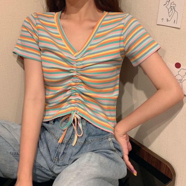 Gilmort - Short-Sleeve Striped Drawstring T-Shirt
