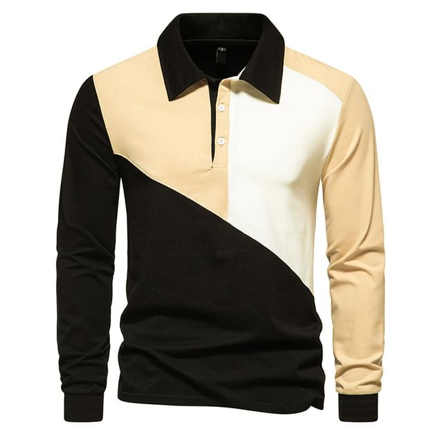 YIKES-Long-Sleeve Color Block Polo Shirt
