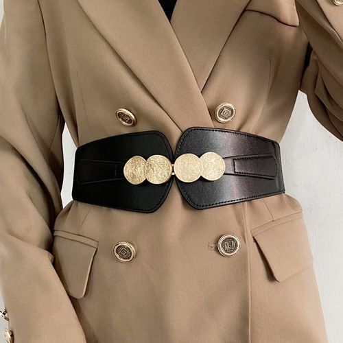 Brown Faux Leather Wide Stretch Belt with Covered Belt Buckle