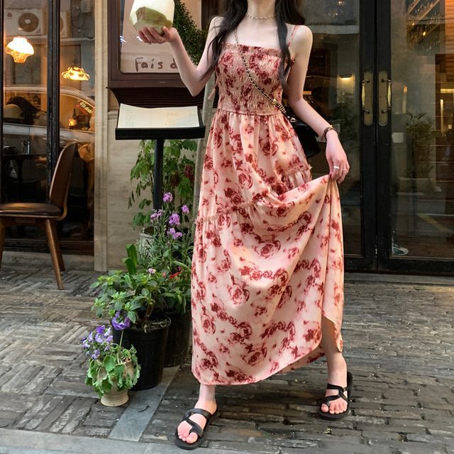 knee length dresses for ladies Floral Shirred Cut-Out Maxi Dress main image 1