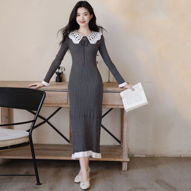 sansweet - Long-Sleeve Peter Pan Collar Lace Panel Tie Front Midi Sheath Knit  Dress | YesStyle