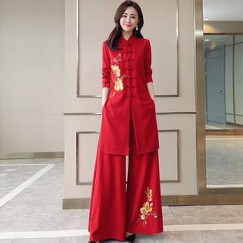 Set: Embroidered Chinese Knot Button-Up Jacket + Wide-Leg Pants