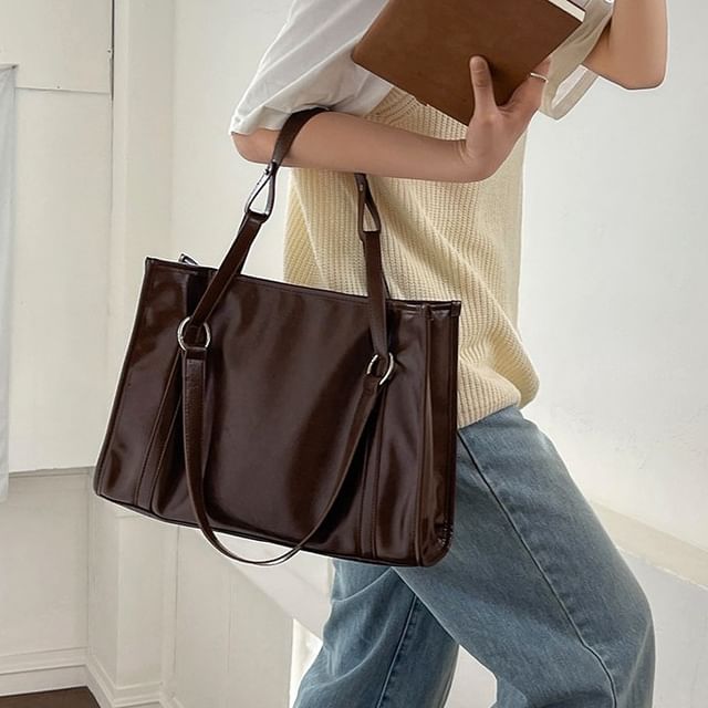 Indenis-Plain Faux Leather Tote Bag