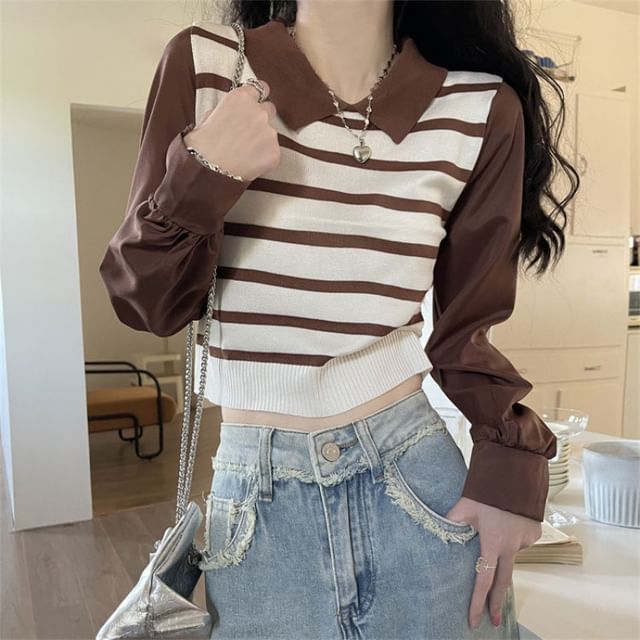 Sisyphi-Mock Two-Piece Puff-Sleeve Striped Collared Crop Sweater