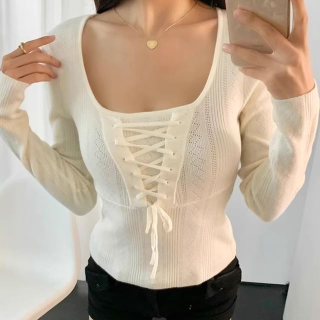 Ulark-Long Sleeve Square Neck Plain Lace Up Knit Top