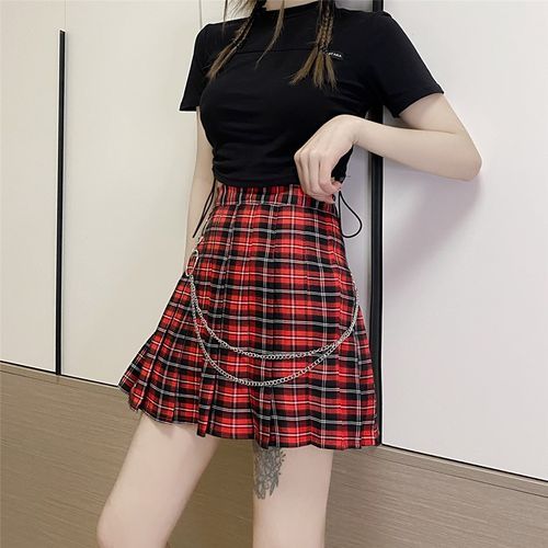  Women Girls Plaid Skirts High Waist A-Line Belt Lace