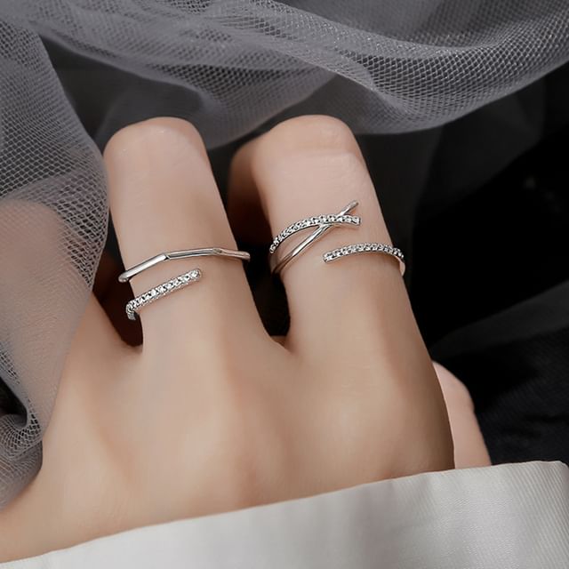 Hansha-925 Sterling Silver Rhinestone Layered Open Ring