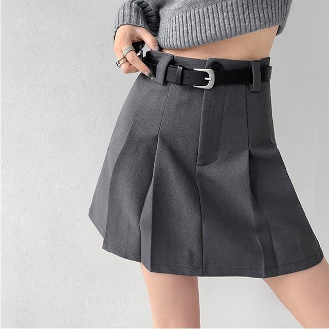 Shira High-Rise Pleated Mini Skirt with Belt YesStyle