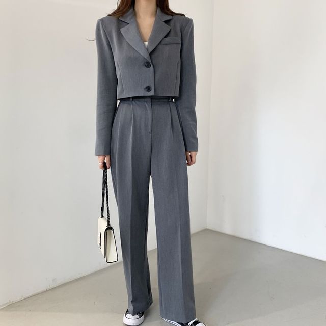 Coris-Plain Single-Breasted Blazer High Waist Wide Leg Pants