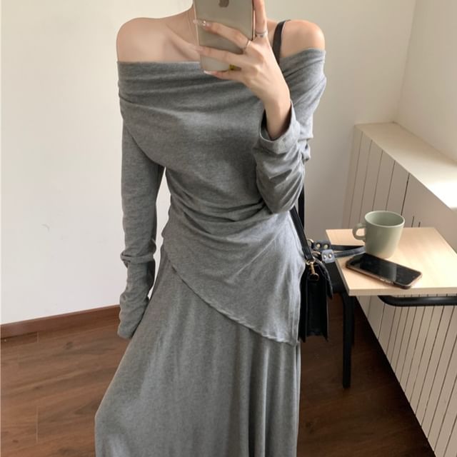 Beem-Set Long-Sleeve Off Shoulder Plain Ruched Tee Mid Rise Plain Maxi A-Line Skirt