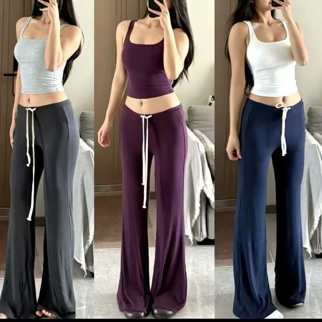 Asiris-Drawstring Waist Plain Flared Sweatpants Various Designs