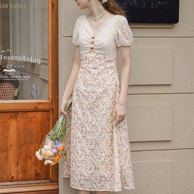 Yolandus - Short-Sleeve V-Neck Floral Midi A-Line Dress | YesStyle