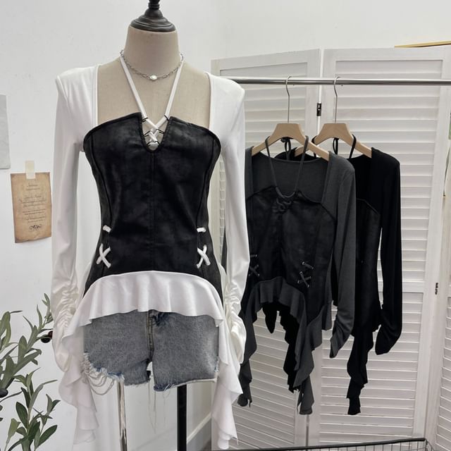 Allinya-Long Sleeve Halter Ruffle Panel Mesh Top