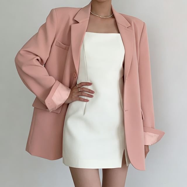 Jesong-Einfaches Mini-Etuikleid mit Spaghettiträgern quadratischem Ausschnitt und Schlitz Übergroßer einreihiger Blazer