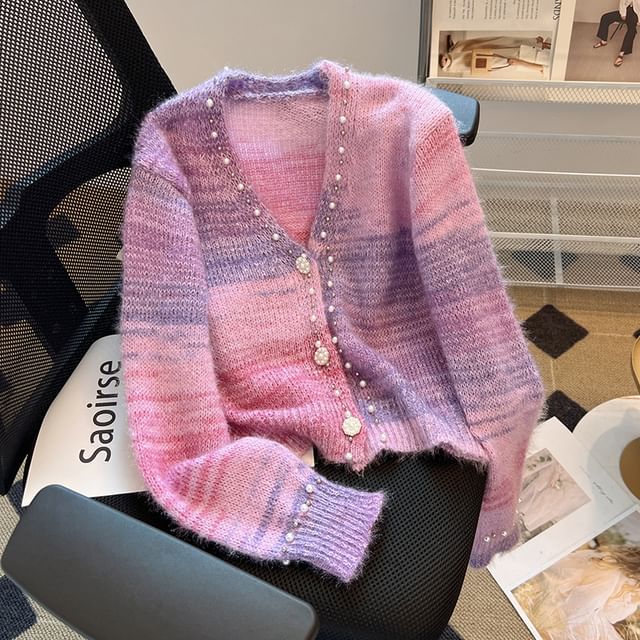 Dragan Pulse-V-Neck Ombre Rhinestone Cardigan