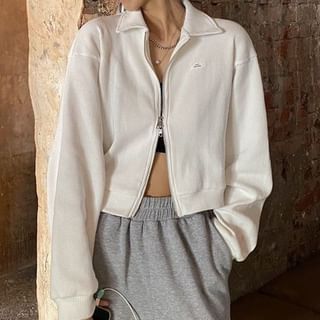 Bolgivy-Collared Plain Waffle Zip Jacket