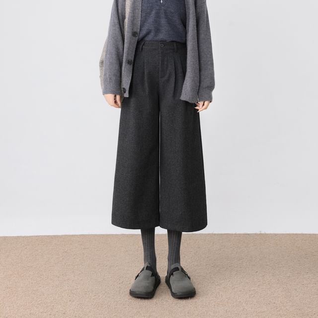 Magimomo-High Waist Plain Capri Wide Leg Slacks