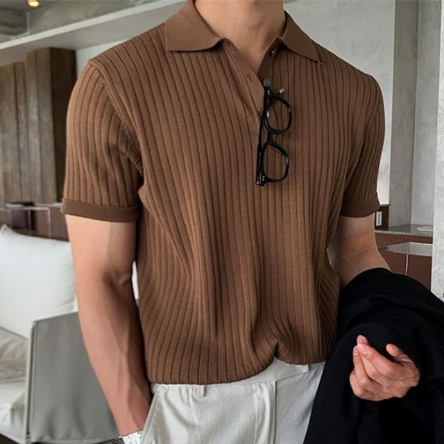 Nightbell Short-Sleeve Ribbed Polo Knit Top Coffee M
