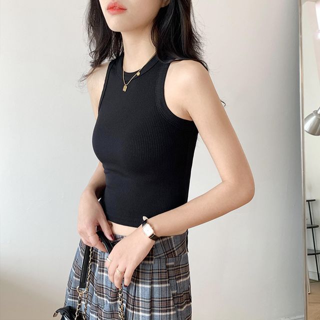 Hevnir-Round Neck Plain Crop Tank Top