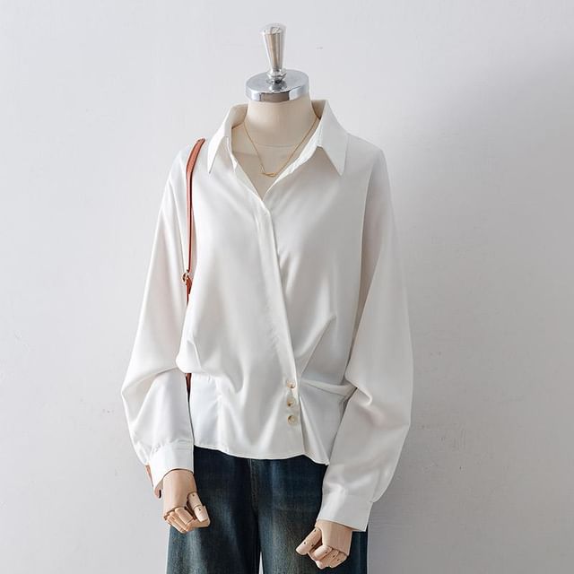 Cossita-Long-Sleeve Plain Asymmetrical Shirt