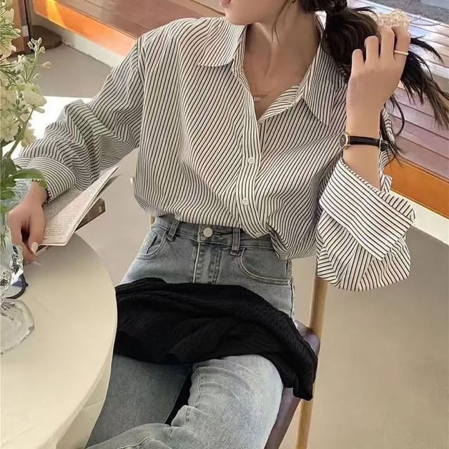 Everose-Long-Sleeve Asymmetrical Striped Shirt