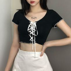 Puffie - Short-Sleeve Lace-Up Cropped Top Puffie - Short-Sleeve Lace-Up Cropped Top