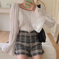 MERONGSHOP - Shirred Bell-Sleeve Knit Blouse MERONGSHOP - Shirred Bell-Sleeve Knit Blouse